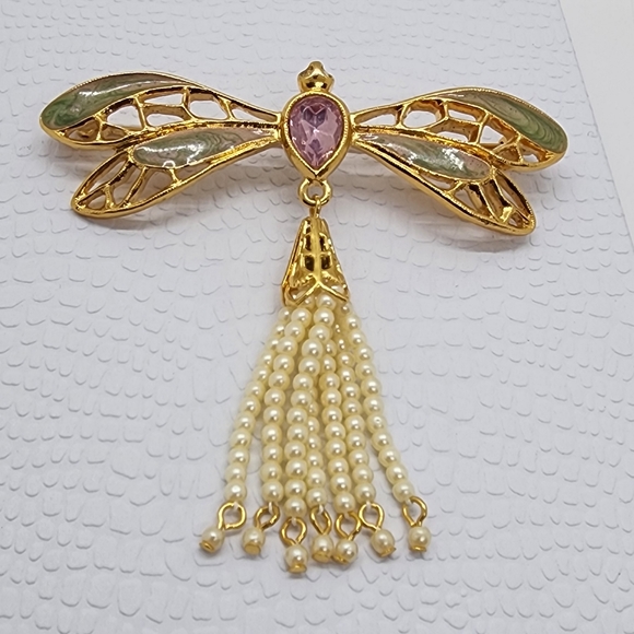 Avon Dragon Fly Gold & Faux Pearl Brooch Pendant - Picture 3 of 17
